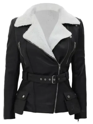 Natalie Shearling Leather Black Belted Biker Jacket front open