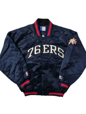 Philadelphia 76ers Bomber Navy Satin Jacket front