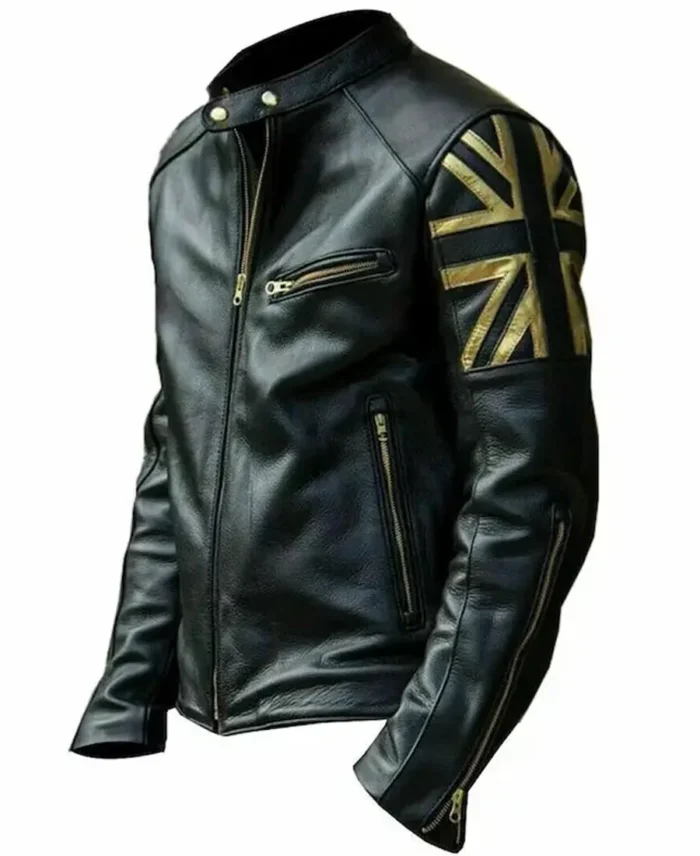 Union Jack Silver Biker Leather Jacket side