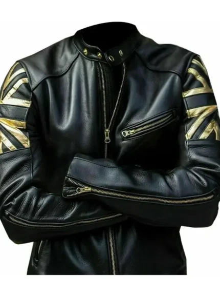 Union Jack Silver Biker Leather Jacket front
