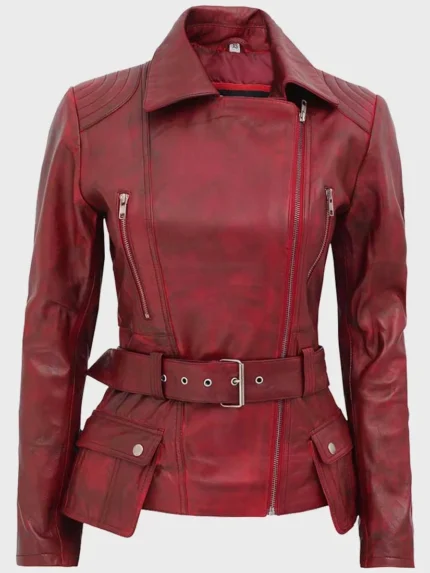 Women’s Distressed Burgundy Biker Front Zipper Closure Jacket front