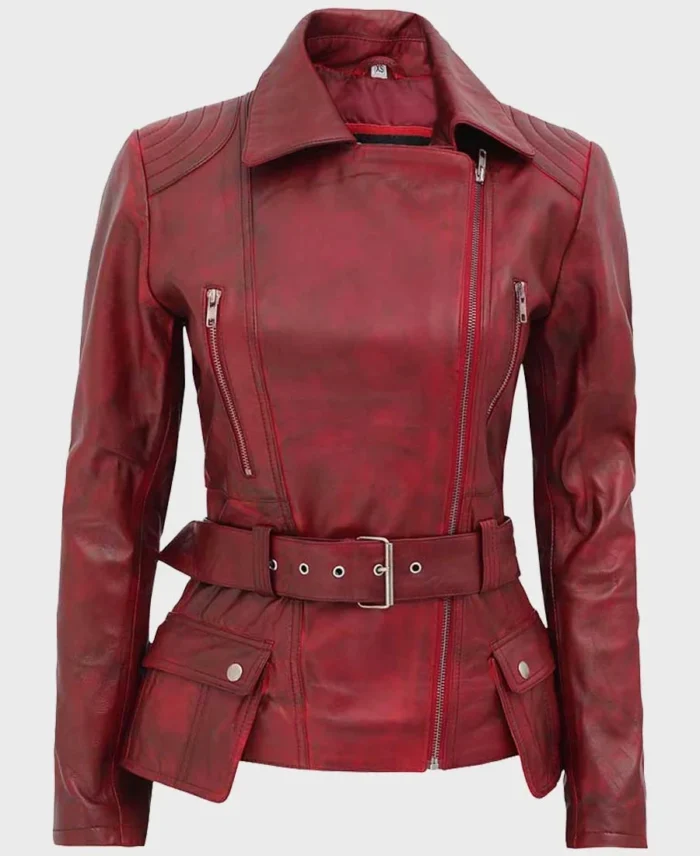 Women’s Distressed Burgundy Biker Front Zipper Closure Jacket front