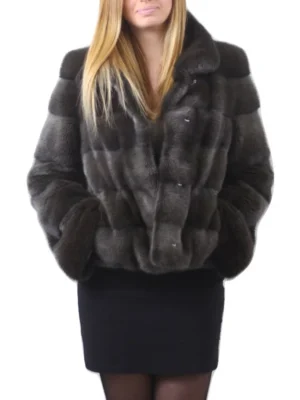 Womens Notched Collar Gray Mink Fur Winter Jacket front