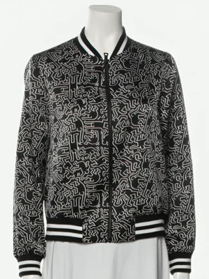 Emily In Paris Lily Collins Black Printed Bomber Jacket front