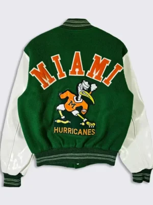 70's Miami Hurricanes Green and White Varsity Jacket back