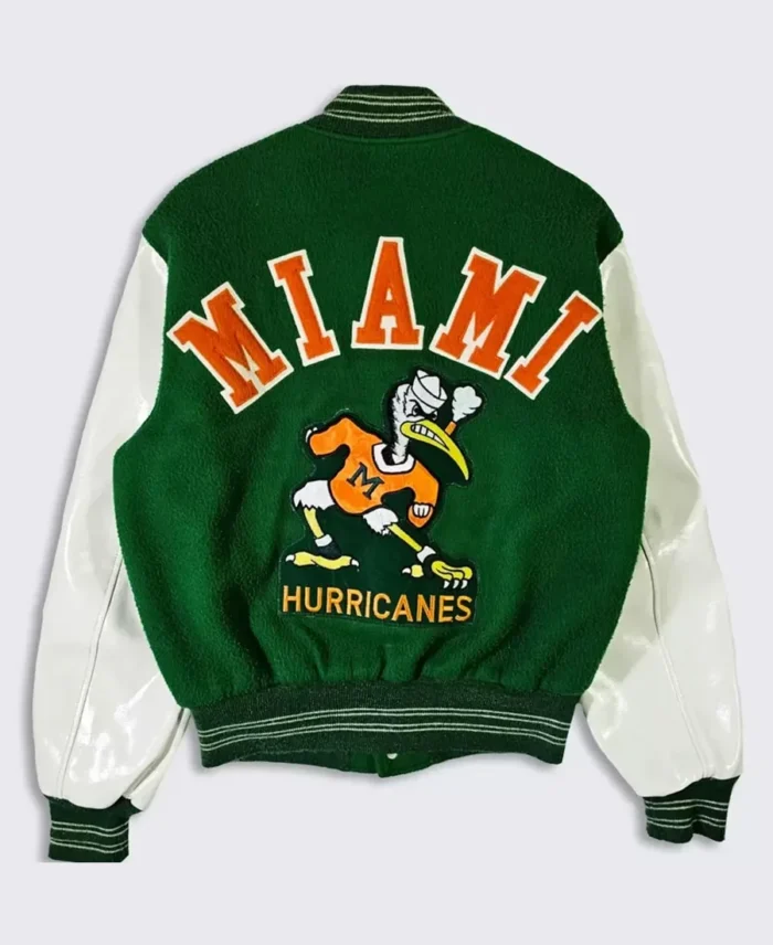 70's Miami Hurricanes Green and White Varsity Jacket back