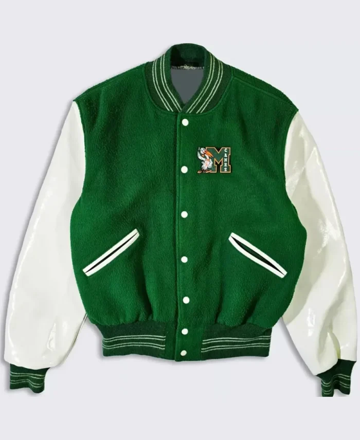 70's Miami Hurricanes Green and White Varsity Jacket front