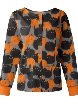 Black Cats with Pumpkin Halloween Scrub Jacket front