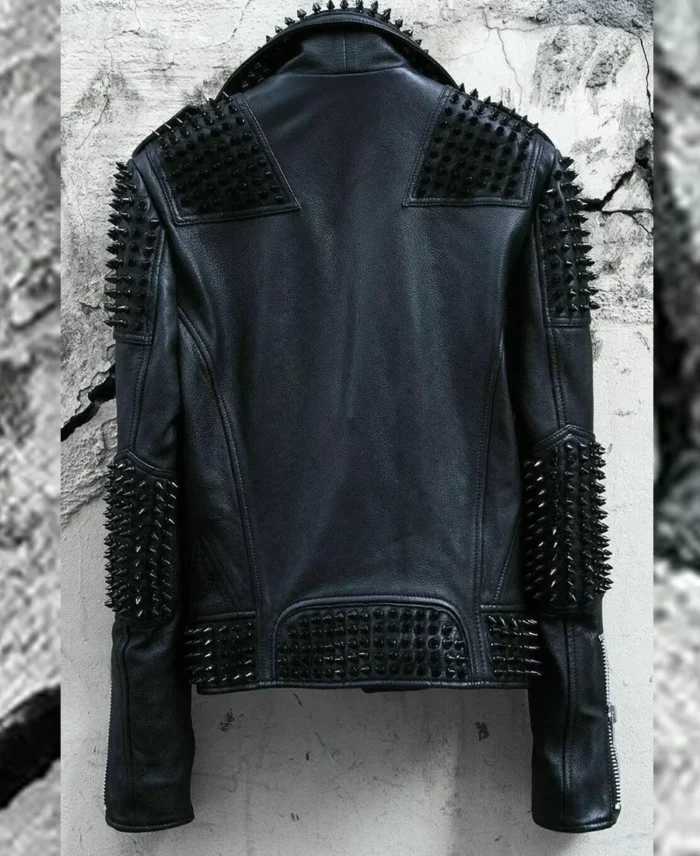 Black Motorcycle Studded Leather Jacket back