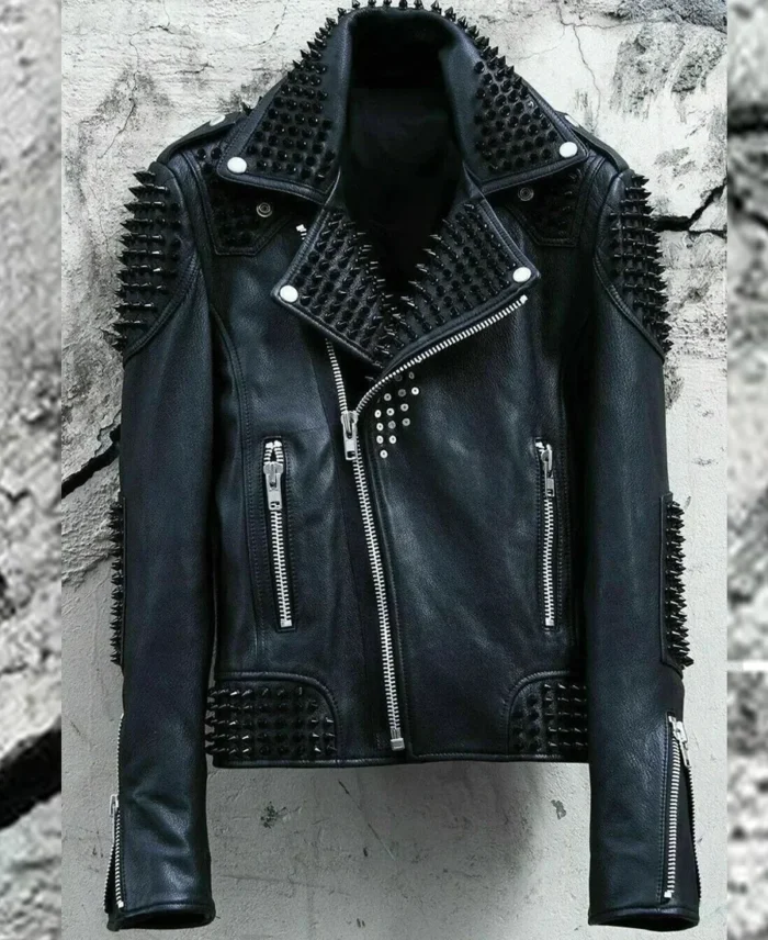 Black Motorcycle Studded Leather Jacket front