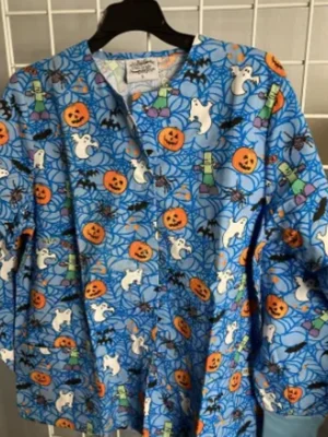 Blue Spiders Pumpwebs Halloween Scrub Jacket front