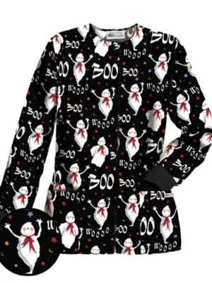 Boo Wooo Black Halloween Scrub Jacket front