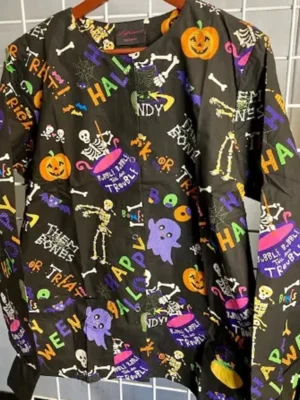Bubble into the Trouble Halloween Scrub Jacket front