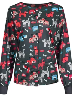 Dogs Cats Bones Halloween Scrub Jacket front