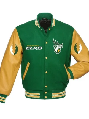 Edmonton Eskimos Green and Tan Brown Varsity Jacket front