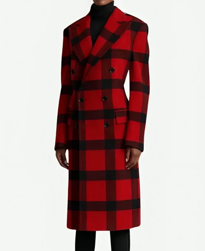 Emily In Paris S04 Lily Collins Red And Black Plaid Coat front