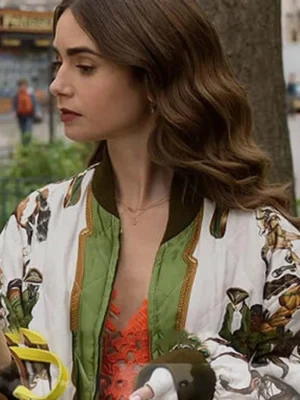 Emily in Paris S02 Lily Collins Horse Print Bomber Jacket pose