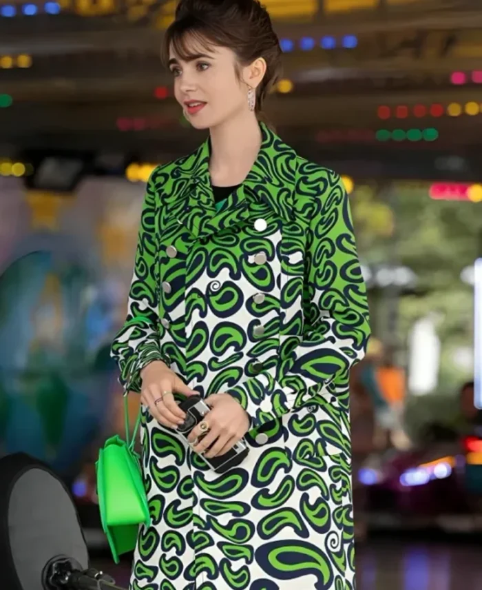 Emily in Paris S03 Emily Cooper Green Printed Coat front