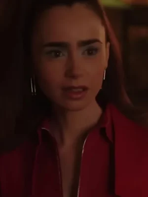 Emily in Paris S04 Lily Collins Red Leather Jacket pose
