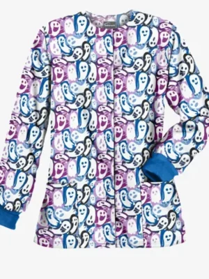 Ghost Faces Halloween Scrub Jacket front