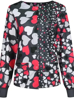 Grey and Red Hearts Halloween Scrub Jacket front