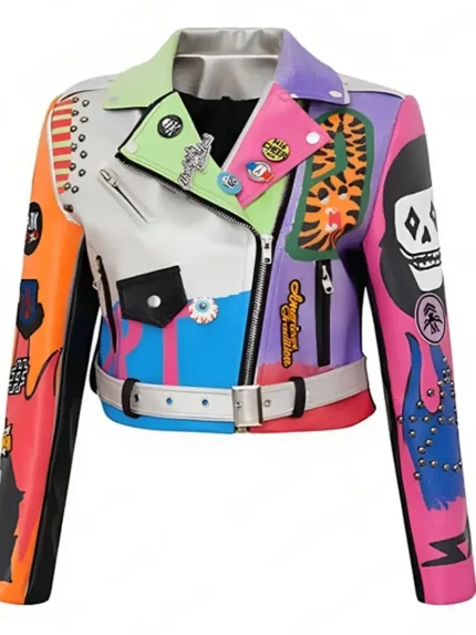 Halloween Multicolor Biker Leather Jacket front