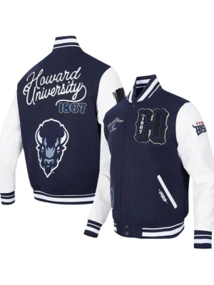 Howard Bison Navy and White Varsity Full-Zip Jacket front & back