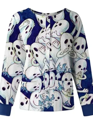 Huging Ghosts Blue Halloween Scrub Jacket front