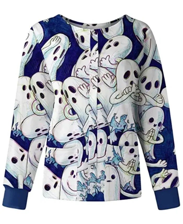 Huging Ghosts Blue Halloween Scrub Jacket front