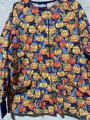 Too Many Pumpkins Print Halloween Scrub Jacket front