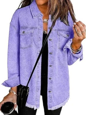 Vetinee Women’s Oversized Button Up Frayed Hem Shacket Long Sleeve Pockets Denim Jean Jacket front