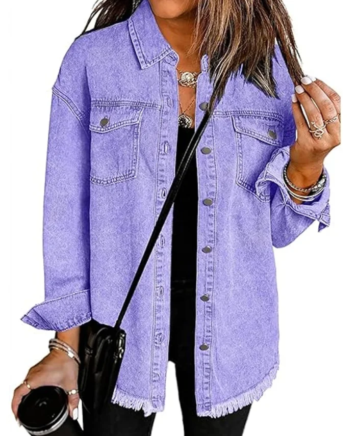 Vetinee Women’s Oversized Button Up Frayed Hem Shacket Long Sleeve Pockets Denim Jean Jacket front