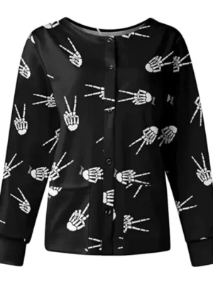 Victory Skelton Hands Halloween Scrub Jacket front