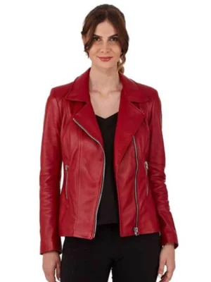 Women's Cherry Red Leather Jacket front