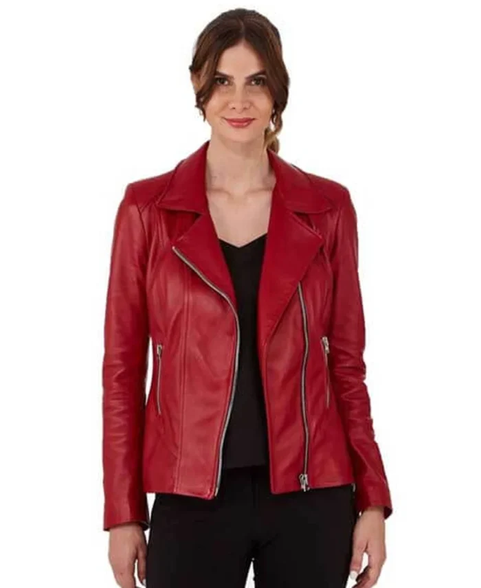 Women's Cherry Red Leather Jacket front