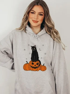 Halloween Black Cat Hoodie grey front