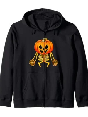 Pumpkin Skeleton Halloween Zip Hoodie black front