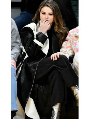 selena-gomez-black-and-white-trench-leather-coat