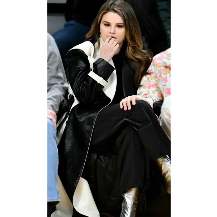 selena-gomez-black-and-white-trench-leather-coat