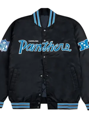 Carolina Panthers Blue Rib Bomber Black Satin Jacket