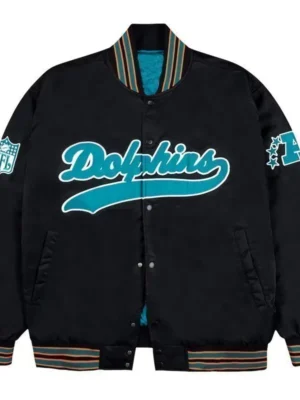 Miami Dolphins Aqua and Orange Rib Bomber Black Jacket