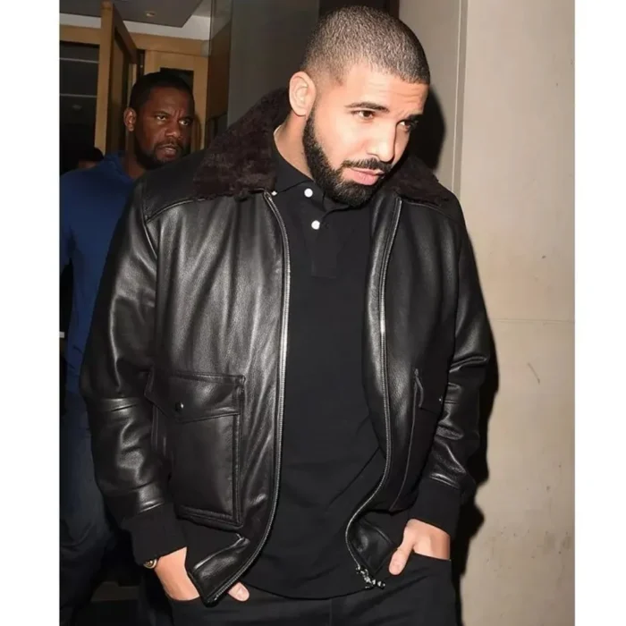 Rapper Drake Black Leather Bomber Jacket