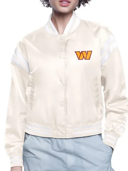 Washington Commanders Round Team Logo Cropped Cream Satin Jacket