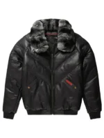 Men Black Puffer Leather Bomber Jacket