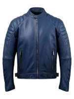 Men Blue Slim Fit Leather Jacket