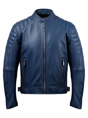 Men Blue Slim Fit Leather Jacket