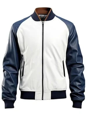 Men Leather Jacket Blue and White