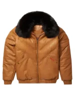 Men Puffer Leather Jacket Fur Brown