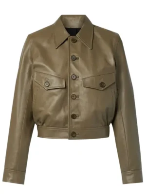 Women Cropped Casual Green Leather Jacket