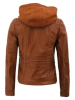 Women Slim Fit Hooded Leather Brown Jacket